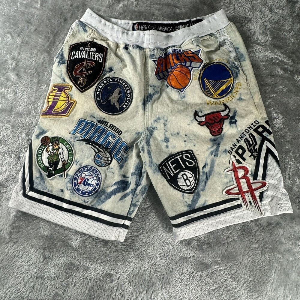 VTG UNK‎ NBA ALL OVER DENIM SHORTS MENS XL BULLS KNICKS LAKERS Patchwork Pull On